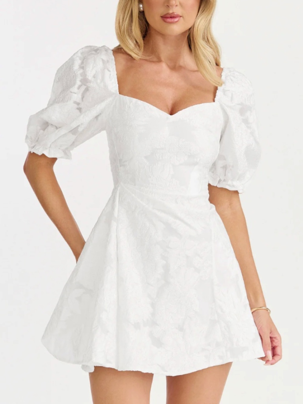 Never worn! Brailey Mini Dress Puff Sleeve Fit And Flare Dress In White